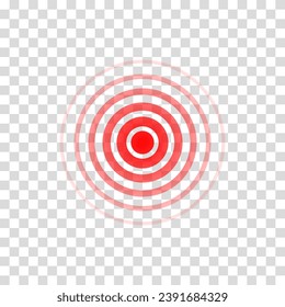 Pain circle wave. Target icon. Red effect pulse isolated on transparent background. Signal radar. Pattern sonar. Vibration line design. Radial rays. Round ripple logo. Sonic waves. Vector illustration