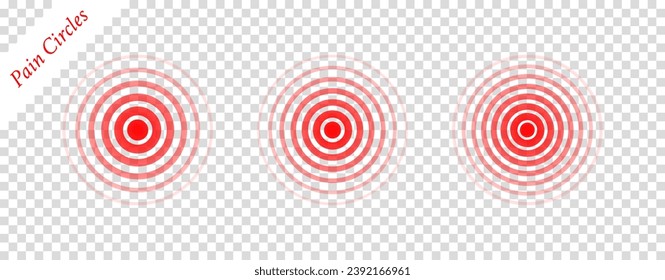 Pain circle wave. Target icon. Red effect pulse isolated on white background. Signal radar. Pattern sonar. Vibration line design. Radial rays. Round ripple logo. Sonic waves. Vector illustration