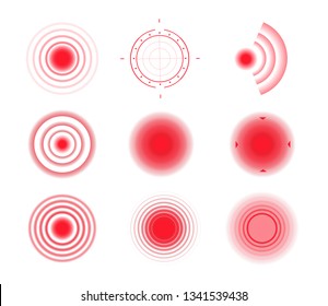 Pain circles. Red painful target spot, targeting medication remedy circle and joint pain spots. Muscle pain, painful headaches or health healing sound wave isolated vector icons set