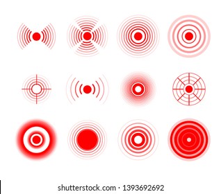 Pain circles. Red painful target spot, targeting medication remedy circle and joint pain spots. Muscle pain, painful headaches or health healing sound wave isolated vector icons set