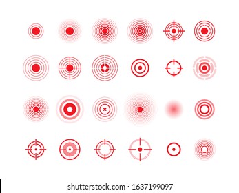 Pain circles, red target vector icons set. Red rounds, ache symbols collection. Pain localization marks isolated pack on white background. Body ache place radial abstract sign illustrations
