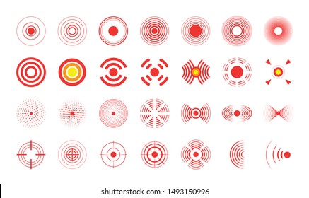 Pain circles. Vector set of medical icons to illustrate radial target problems.  Red painful target spot, targeting medication remedy circle and joint pain spots. 