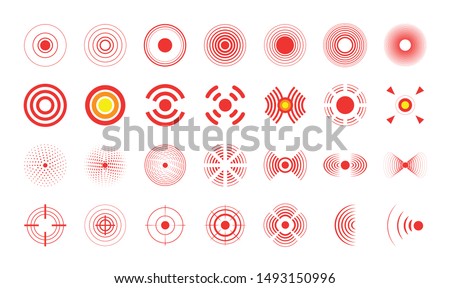 Pain circles. Vector set of medical icons to illustrate radial target problems.  Red painful target spot, targeting medication remedy circle and joint pain spots. 