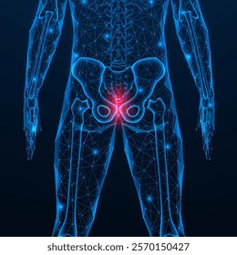 Pain in the coccyx. Polygonal design of interconnected lines and dots. Blue background.