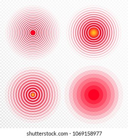 Pain concentration icon set. Red transparent circles, symbols of pain concentration for medical painkiller drugs, headache, muscle and stomach ache designation. Vector