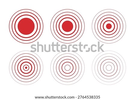 Pain concentric circle icon set. Inflammation pulse signal. Ache mark. Hurt relief. Red ripple circles. Health graphic wave sign. Body disease target. Headache, muscular pill. Vector illustration.