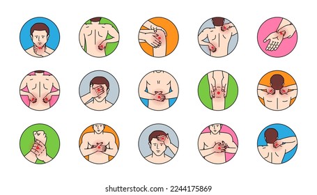 Pain in different part of body set. Ache in head, neck, shoulder, knee, chest, abdomen, wrist, back, elbow. Arthritis and rheumatism illustration.