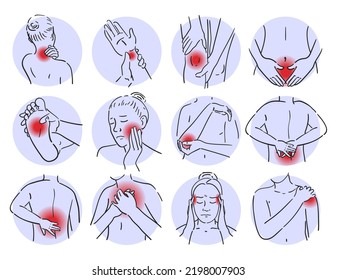 Dolor en diferentes áreas del vector corporal aislado. Conjunto de áreas dolorosas - pierna, hombro, cabeza y pecho. El concepto de salud y medicina.