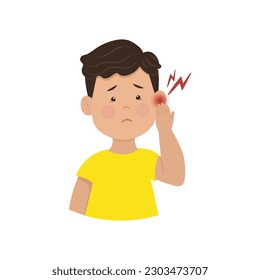 Dolor en el oído. Un niño disgustado le está sosteniendo la oreja. Infección del oído infantil. Ilustración vectorial. Enfermedades infantiles.