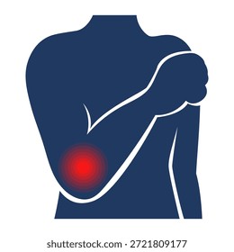 Dor isolada no vetor do cotovelo. Ilustração da silhueta do corpo com ponto vermelho como um símbolo da área dolorosa. Entorse articular, lesão física. Trauma do cotovelo.