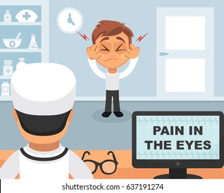 Pain in the eyes medical concept. Vector illustration. Doctor and patient are talking in the hospital. Isolated on white background.