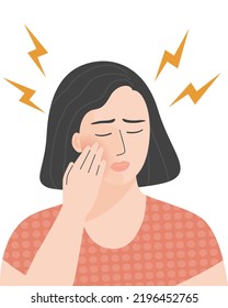 Pain in the face.The woman holding hand on face in pain. Cartoon vector illustration.