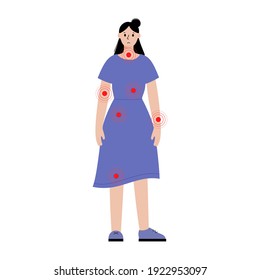Pain in female body. Silhouettes of woman with inflammation in the belly, arms and legs. Arthritis, lung or heart disease. Digestive, respiratory, or cardiovascular systems flat vector illustration