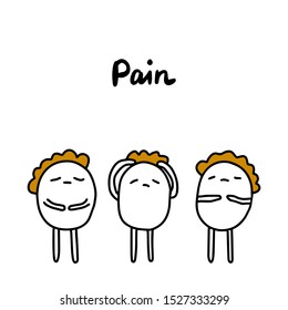 Pain hand drawn vector set in cartoon comic style woman suffering headache stomach belly chest weakness lettering