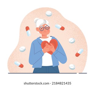 Pain heart attack. Elderly woman shares heart, grandmother on background of pills. Heart disease and health problems concept. Medical poster or banner for website. Cartoon flat vector illustration