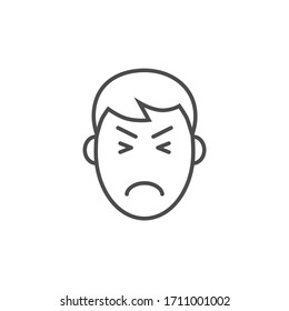 Icono de línea delgada vectorial relacionado. Un hombre con cara curva tiene dolor de cabeza. Aislado sobre fondo blanco. Trazo editable. Ilustración vectorial.