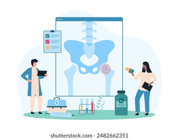 Pain in hip joint due to injury, chronic bone and ligament diseases, orthopedic diagnosis and treatment. Tiny people examine xray of patients skeleton with inflammation cartoon vector illustration