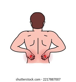 Pain in the human back. Backache. Pain in different part of man body set. Health problem of muscle pain and spinal issues.