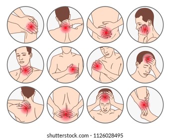Pain in the human body  Great human unpleasant physical sensation caused by illness injury  Vector flat style pains hand draw illustration isolated white background