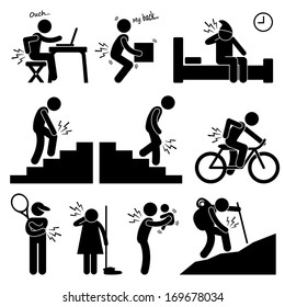 Pain in Human Body Parts on Various Poses and Positions Stick Figure Pictogram Icon