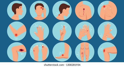 Pain in the human body parts physical injury flat set caused by illness or injury isolated on white background, vector illustration.