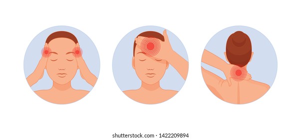 Pain human body. Woman body girl parts physical injury flat cartoon vector. Female people feeling pain in temples, head, neck caused by illness or injury