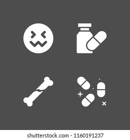 pain icon. 4 pain set with pill, sick and broken bone vector icons for web and mobile app
