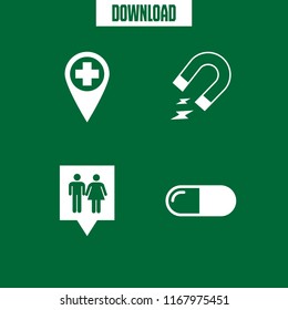 pain icon. 4 pain vector set. hospital pin, pill, toilets pin and electromagnet icons for web and design about pain theme
