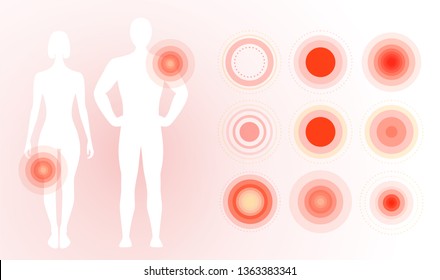 Pain Icon On Human Body. Red Pain Rings, Concentric Circles. Flat Simple Concept Design. Isolated Vector Illustration On Blank Background.