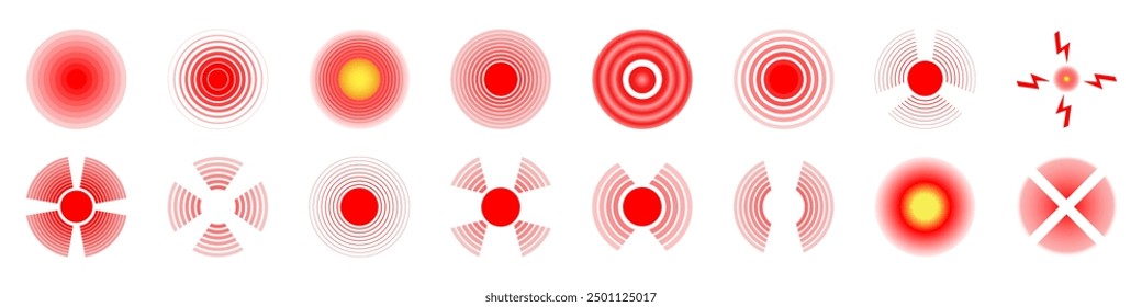 Pain icon. Red circle.  Localization concept, pain relief. Set of isolated shapes. Development of a logo for a pharmaceutical brand. Healthcare. Vector illustration	
