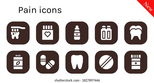pain icon set. 10 filled pain icons. Included Tooth, Drug, Medicine, Suppositories, Vitamins, Pills, Pill icons