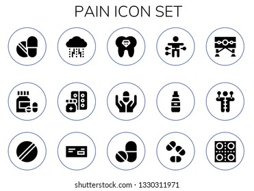 pain icon set. 15 filled pain icons.  Simple modern icons about  - Pills, Depression, Medicine, Tooth, Pill, Voodoo doll, Guillotine