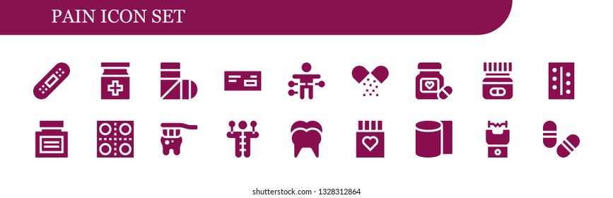 pain icon set. 18 filled pain icons.  Simple modern icons about  - Bandage, Medicine, Sling, Voodoo doll, Pills, Tooth, Drug, Bandages, Stun gun