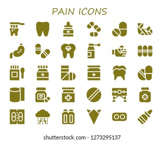  pain icon set. 30 filled pain icons. Simple modern icons about  - Tooth, Medicine, Pills, Plastered arm, Stomach, Bandaged finger, Sling, Drug, Bandages, Pill, Guillotine, Drugs
