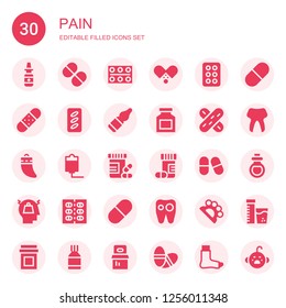pain icon set. Collection of 30 filled pain icons included Nasal spray, Vitamin, Pills, Drug, Bandage, Vials, Tongue depressor, Teeth, Iv, Vitamins, Drugs, Stress, Pill, Tooth