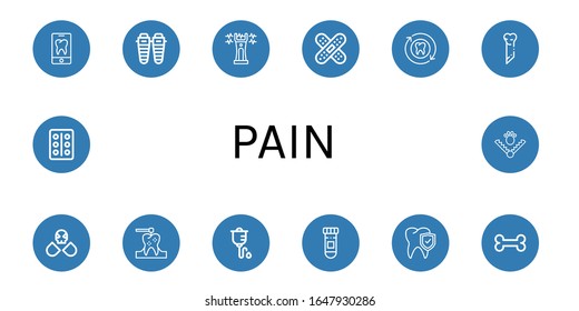 conjunto de iconos de dolor. Colección de Dientes, Shin, pistola aturdidora, ayuda de banda, Hueso, Medicamentos, perforación dental, Terapia intravenosa, Medicina, Blister, Iconos de la Trampa