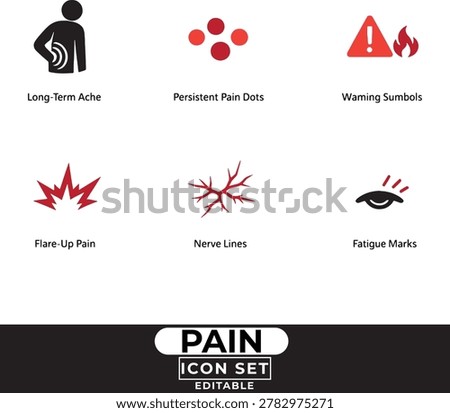 Pain icon set including longterm ache, persistent pain dots, warning symbols, flareup pain, nerve lines, and fatigue marks for medical and health infographics