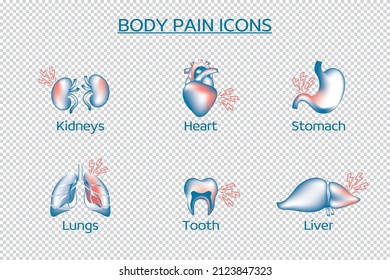 Pain icon set, organ pain symbol collection, vector sketches, 3D logo illustrations, disease signs, pictograms set isolated on transparent background.