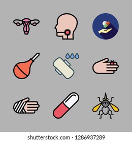 pain icon set. vector set about mosquito, compress, sore throat and uterus icons set.