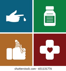 Pain icons set. set of 4 pain filled icons such as injured finger, medicine