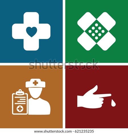 Pain icons set. set of 4 pain filled icons such as injured finger, bandage