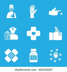 pain icons set. Set of 9 pain filled icons such as man with broken arm, injured finger, medicine, bandage, doctor prescription, virus and pills