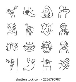 Pain icons set. Feeling of pain and showing in different parts of the body and organs, linear icon collection. Sickness and disease. Pain in the joints, heart, tooth, etc. Line with editable stroke