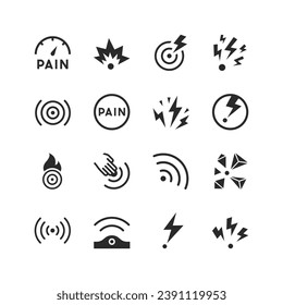 Pain icons set. The place where pain is manifested. Pain point. Appearance of pain, intensity. Types and location. Sensitive points. Black and white style