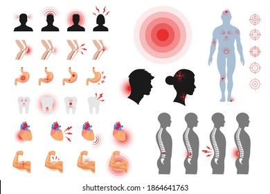 Pain illustration. Collection of differents kinds of pain in organs and body parts. Big choice of pain circles