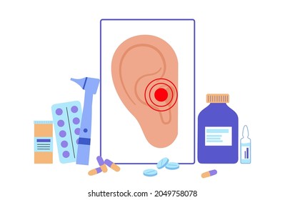 Pain and inflammation in ear. Earache in the human head medical checkup of hearing organs. Otitis externa, media disease treatment. Otolaryngologist in otolaryngology clinic flat vector illustration