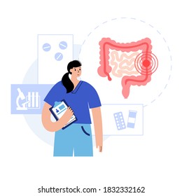 Pain or inflammation in the Intestine. Bowel, appendix, rectum and colon anatomy. Cancer, tumor or infection and digestive system disease. Doctor appointment and help isolated vector illustration.