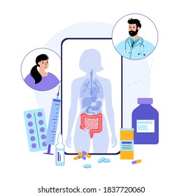 Pain or inflammation in Intestine. Bowel, appendix, rectum and colon anatomy. Cancer in human body. Digestive system disease. Medical exam and laboratory research. Isolated flat vector illustration