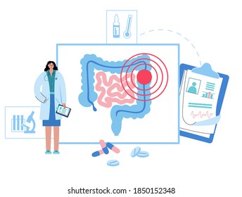 Pain or inflammation in the Intestine. Bowel, appendix, rectum and colon anatomy. Cancer, tumor or infection and digestive system disease. Doctor appointment and help isolated vector illustration.