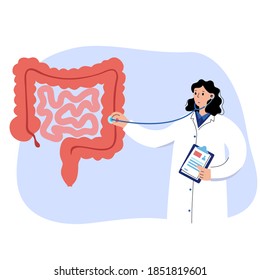 Pain or inflammation in the Intestine. Bowel, appendix, rectum and colon anatomy. Cancer, tumor or infection and digestive system disease. Doctor appointment and help isolated vector illustration.